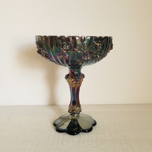 Fenton Amethyst Carnival Glass Compote in Cabbage Rose