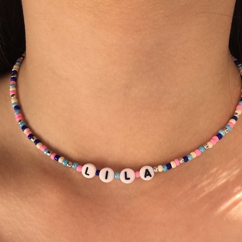 Pearl Name Necklace Beaded Name Choker Name Choker Necklace Etsy