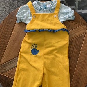Yellow Goose Overalls/Blue Polka Dot Shirt