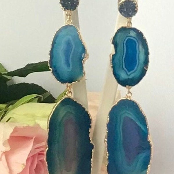 DAYANA Long statement agate double drop stud earrings- bohème chic, cadeau, boucles d'oreilles, agate, drop earrings, long earrings