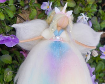 Unicorn wool fairy, Waldorf inspired needle felted rainbow fairy, Fairy wool, Wool angel decor