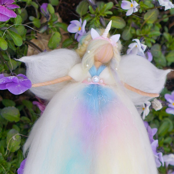 Unicorn wool fairy, Waldorf inspired needle felted rainbow fairy, Fairy wool, Wool angel decor