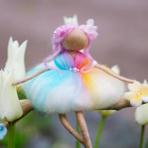 Rainbow cloud wool fairy, Waldorf inspired needle felted sitting fairy, Fairy wool, Wool angel decor