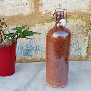 French vintage brown salt glazed stoneware bottle - ceramic stopper