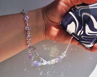Iridescent Heart Phone Charm, Beaded Y2k Phone Wristlet