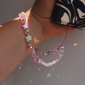 Iridescent phone charm, pink star phone strap, cute phone wristlet, Handmade beaded phone chain, y2k accessory gift, Phone accessory