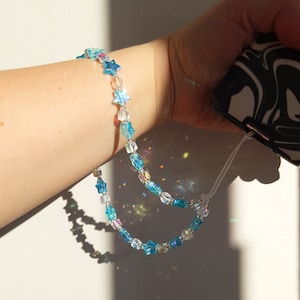 Iridescent phone charm, Blue star phone strap, cute phone wristlet, Handmade beaded phone chain, y2k accessory gift, cute phone accessory