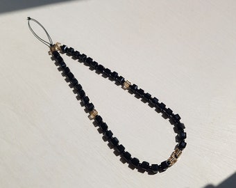 Handmade Black Crystal Phone Charm, Gold Accent, Y2K Phone Strap