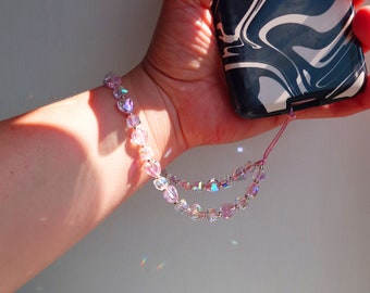 Iridescent phone charm, pink heart phone strap, Y2k phone wristlet, Handmade beaded phone chain, 90s accessory gift, Phone accessory