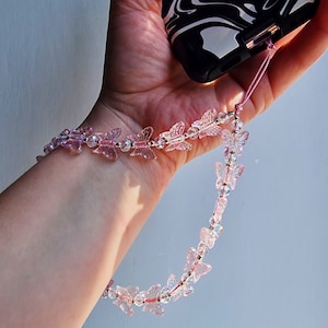 Schillernder Schmetterling Handyanhänger, rosa farbener Schmetterling Handyanhänger, y2k Handyarmband, Handyarmband Schlüsselanhänger, Perlenarmband, Geschenkidee