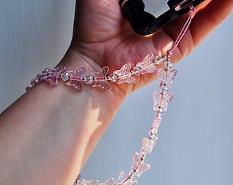 Pink Butterfly Beaded Phone Charm Wristlet, Y2K Style Accessory