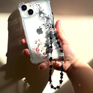 Black phone charm, iridescent star phone strap, grunge phone charm, handmade beaded phone chain, y2k accessory gift, cute phone wristlet