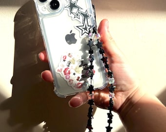 Schwarzer Stern Handyanhänger, irisierender Perlengurt, Y2K Grunge Accessoire