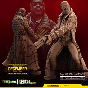 Puede incluir: Una figura en miniatura detallada en marrón y negro de una persona que lleva un abrigo largo, gafas de sol y sostiene un arma. La figura está de pie sobre un fondo rojo con el texto "Agent QUINN LAMONTE CEO - Cyborg Execution Office" y "DECEMBER RELEASE" en la parte inferior.