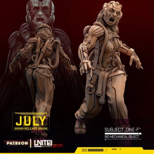May include: A detailed 3D printed model of a cyborg figure with a mechanical body and a human-like head. The figure is posed in a running stance with its arms outstretched. The model is painted in a light brown colour and has a textured surface. The text "SUBJECT, "ONE-F"" and "BIO-MECHANICAL OBJECT" is visible on the base of the model.