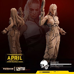 May include: A 3D printed miniature figure of a female character with a gun, wearing a black top, cargo pants, and a belt. The figure is posed in a dynamic stance, with one leg forward and the other back. The figure is painted in a light brown color, and the gun is painted in a dark gray color. The figure is labeled "SHARPIE Black Site prisoner" and "003".