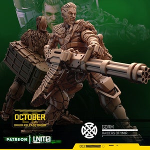 May include: A 3D printed miniature of a Gorm Raider of Ymir, a warrior with a beard and a large gun, holding a weapon with a long barrel and multiple barrels. The miniature is painted in a brown and black color scheme. The text "Gorm Raiders of Ymir" is visible on the base of the miniature.