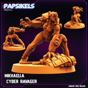May include: A 3D printed miniature of a female character in a futuristic, cyberpunk style. The character is wearing a detailed, articulated suit of armor and holding a weapon. The miniature is painted in a bright orange color and is set on a circular base. The text "Mikhaella Cyber Ravager" is printed below the miniature.