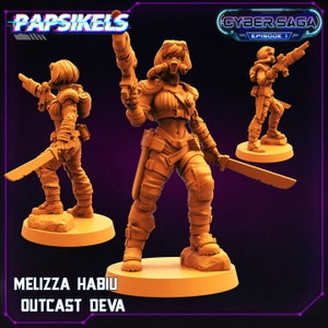 May include: A 3D printed miniature of a female character with a gas mask, holding a large gun and a sword. The miniature is painted in a light orange color and is standing on a round base. The text "Cyber Saga Episode 1" is visible in the background.