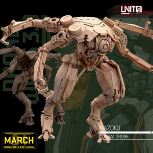 May include: A detailed 3D printed model of a robotic combat drone, called "Mazoku", with articulated limbs and a textured surface. The model is in a fighting pose with its arms extended. The text "Mazoku Combat Drone" is printed on the base of the model.