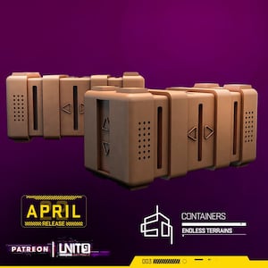Op de afbeelding: Twee bruine rechthoekige containers met een getextureerd oppervlak en een reeks kleine gaten. De containers hebben een verhoogde lip aan de boven- en onderkant. De containers zijn gelabeld met "Containers Endless Terrains".
