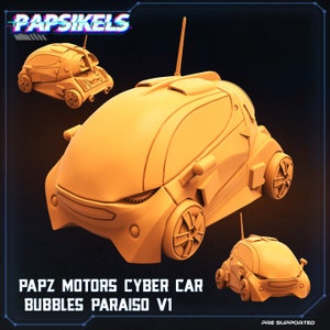 May include: A 3D printed model of a futuristic, orange car with a rounded design. The car has a small antenna on the roof and the text "PAPZ MOTORS CYBER CAR BUBBLES PARAISO V1" is printed below the car.