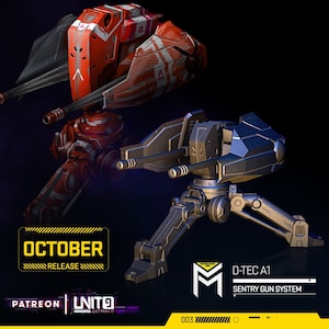 May include: A 3D printed model of a futuristic sentry gun system, the D-TEC A1, with a black and gray color scheme. The gun system has a rotating turret with two barrels and three legs. The model is labeled "D-TEC A1 SENTRY GUN SYSTEM".