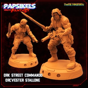 May include: A 3D printed miniature of an Ork Street Commando, a fictional character from the Papsikels Fantasy universe. The figure is posed in a dynamic action stance, holding a futuristic weapon in one hand and a knife in the other. The figure is painted in a muted orange color and stands on a circular base.