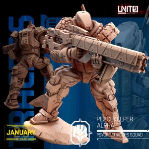 May include: A 3D printed miniature of a futuristic soldier holding a large gun. The soldier is wearing a helmet and armour. The miniature is painted in a brown colour. The text "PEACEKEEPER ALPHA" and "PSYCHO TRACERS SQUAD" is visible on the base of the miniature.