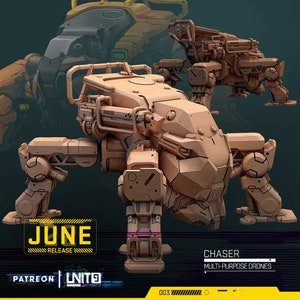 May include: A 3D printed model of a futuristic, multi-legged robot with a large head. The robot is brown and has a detailed design. The text "CHASER MULTI-PURPOSE DRONES" is visible on the image.