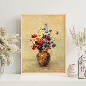 Flower Vase Painting Wall Art Print, Rustic Painting Digital Poster, Rustic Farmhouse Printable Wall Art, Floral Digital Print - PWA0056 image 1