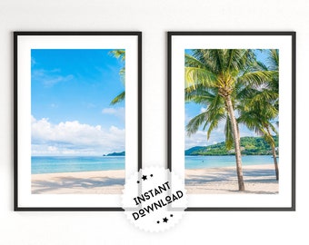 Set of 2 Beach Wall Art Prints | Ocean Art Print Set | Palm Tree Print | Coastal Wall Decor | Printable Wall Art | Sea Poster Set