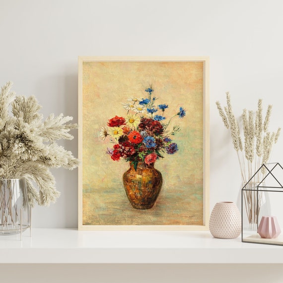 Flower Vase Painting Wall Art Print, Rustic Painting Digital Poster, Rustic Farmhouse Printable Wall Art, Floral Digital Print - PWA0056