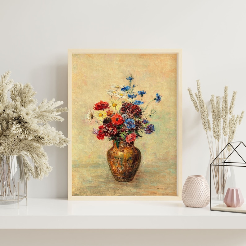 Flower Vase Painting Wall Art Print, Rustic Painting Digital Poster, Rustic Farmhouse Printable Wall Art, Floral Digital Print - PWA0056 image 1