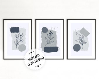 Flowers Wall Art Digital Set of 3 | Botanical Print | Floral Line Art | Modern Wall Art | Minimal Line Print | Flowers Print