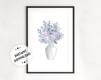 May include: A watercolor painting of a bouquet of purple and blue flowers in a white vase. The flowers are arranged in a loose, natural style, and the vase is simple and elegant.