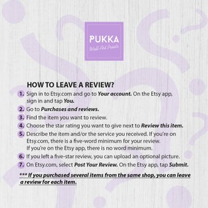 Peut inclure: Un graphique blanc et violet avec le texte "PUKKA Wall Art Prints" et une liste d'instructions sur la fa&ccedil;on de laisser un avis sur Etsy.com. Les instructions comprennent les &eacute;tapes &agrave; suivre pour se connecter, trouver l'article, le noter et &eacute;crire un avis.