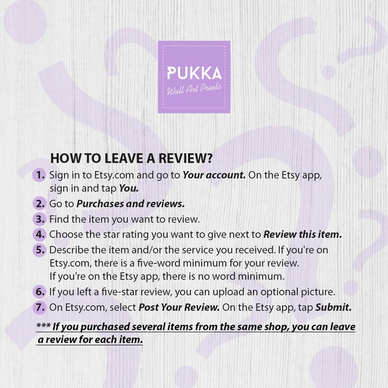 Peut inclure: Un graphique blanc et violet avec le texte "PUKKA Wall Art Prints" et une liste d'instructions sur la fa&ccedil;on de laisser un avis sur Etsy.com. Les instructions comprennent les &eacute;tapes &agrave; suivre pour se connecter, trouver l'article, le noter et &eacute;crire un avis.