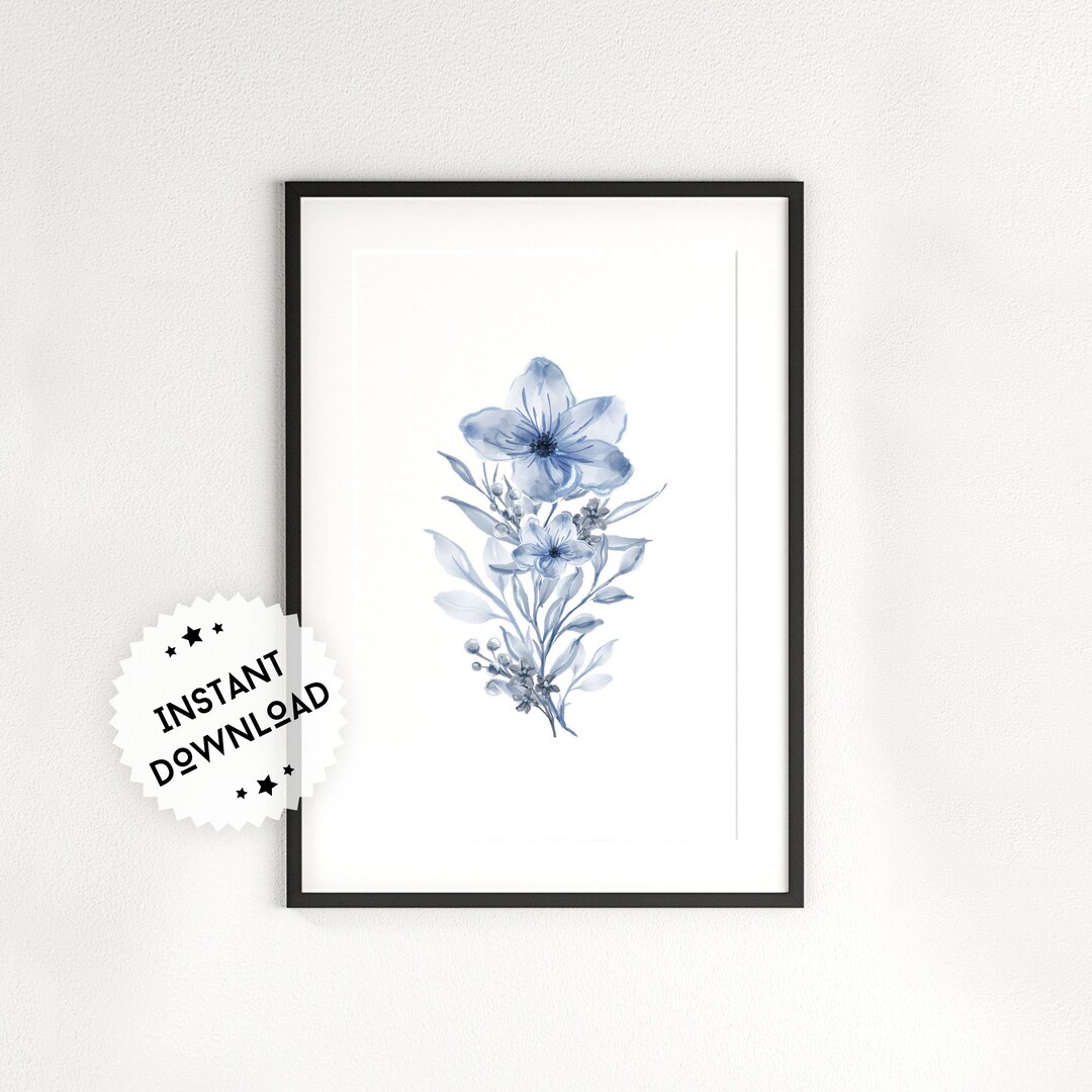 Watercolor Navy Blue Flower Wall Art Print | Plant Wall Decor | Floral ...
