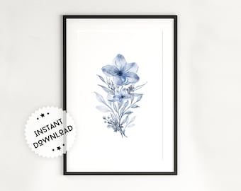 Watercolor Navy Blue Flower Wall Art Print | Plant Wall Decor | Floral Art Prints | Flowers Photography Poster | Botanical Printable
