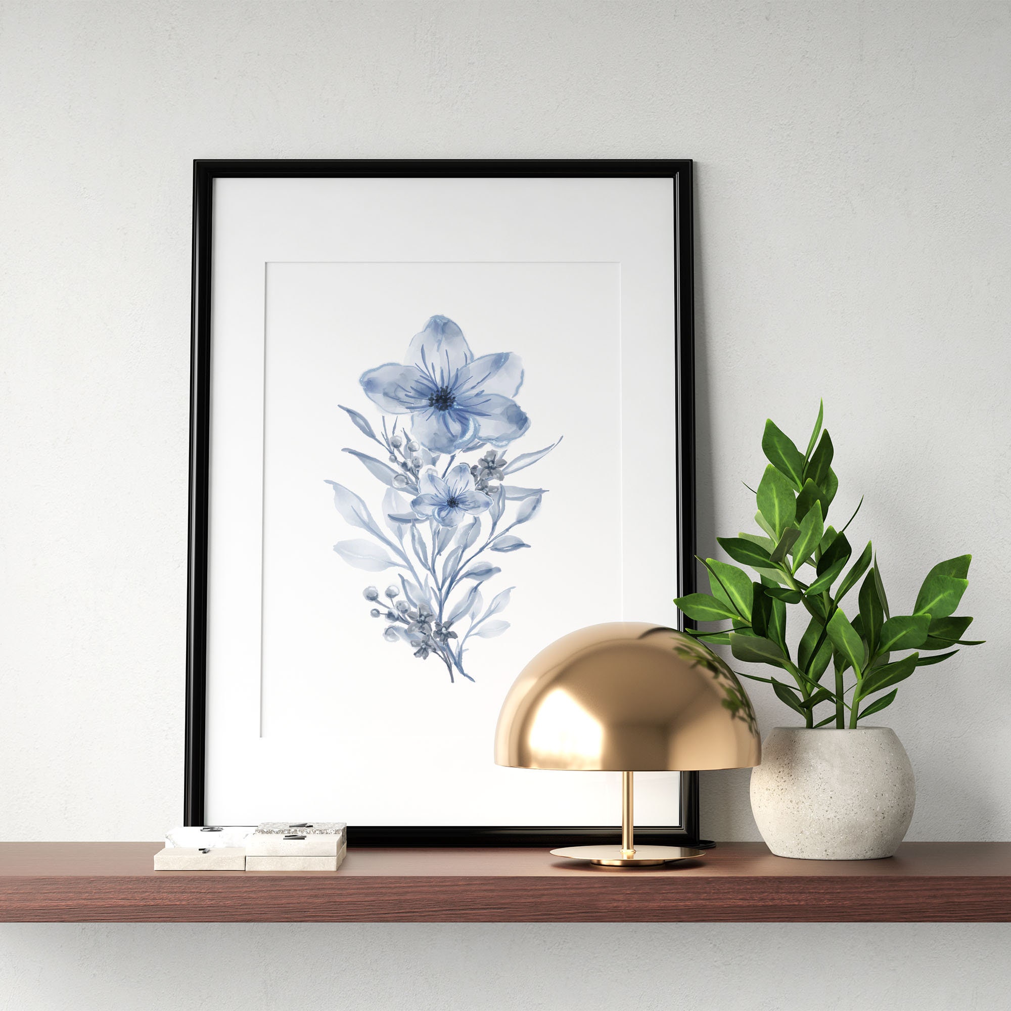 Watercolor Navy Blue Flower Wall Art Print Plant Wall Decor | Etsy