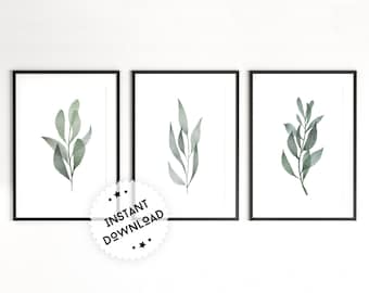 Set of 3 Botanical Wall Art Print | Botanical Posters | Leaves Watercolor | Leaf Print | Eucalyptus Leaf Art | Botanical Print Set