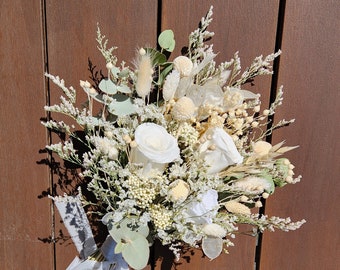 White & Green Dried Flower Bouquet, Country Wedding Flower Arrangement, Home Decor