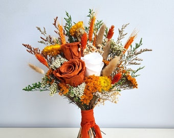 Rustic Dried Flower Bouquet, Burnt Orange, Boho Flower Bunch, Wedding Flower Arrangement