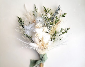 Boho  Dried Flower Bouquet, White & Green, Country Wedding Flower Arrangement, Home Decor