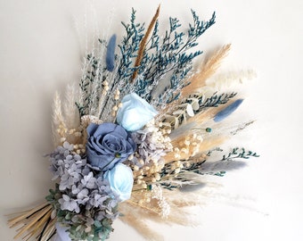 Preserved Flower Bouquet, Dusty Blue, Teal Blue Dried Flower Wedding Bouquet