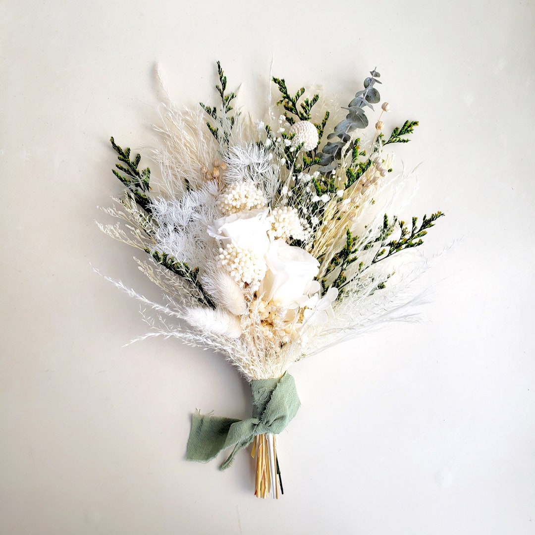 Boho Dried Flower Bouquet, White & Green, Country Wedding Flower