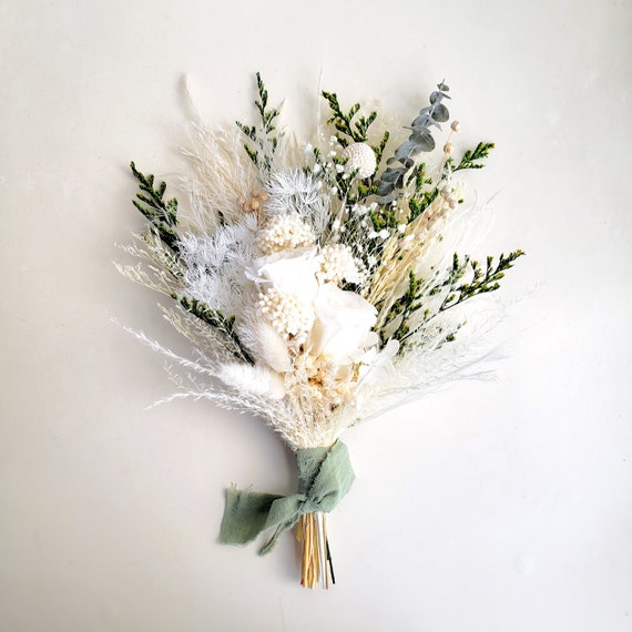 Buy Boho Dried Flower Bouquet, White & Green, Country Wedding 