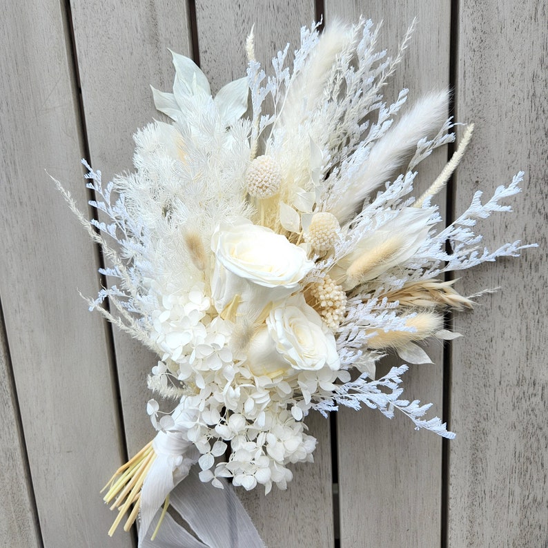 White Dried Flower Bouquet, Ivory Wedding Bouquet, Wedding Flower Arrangement, Interior Decoration image 3