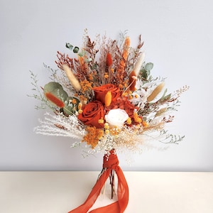 Burnt Orange Dried Flower Bouquet, Rustic Wedding Flower Arrangement